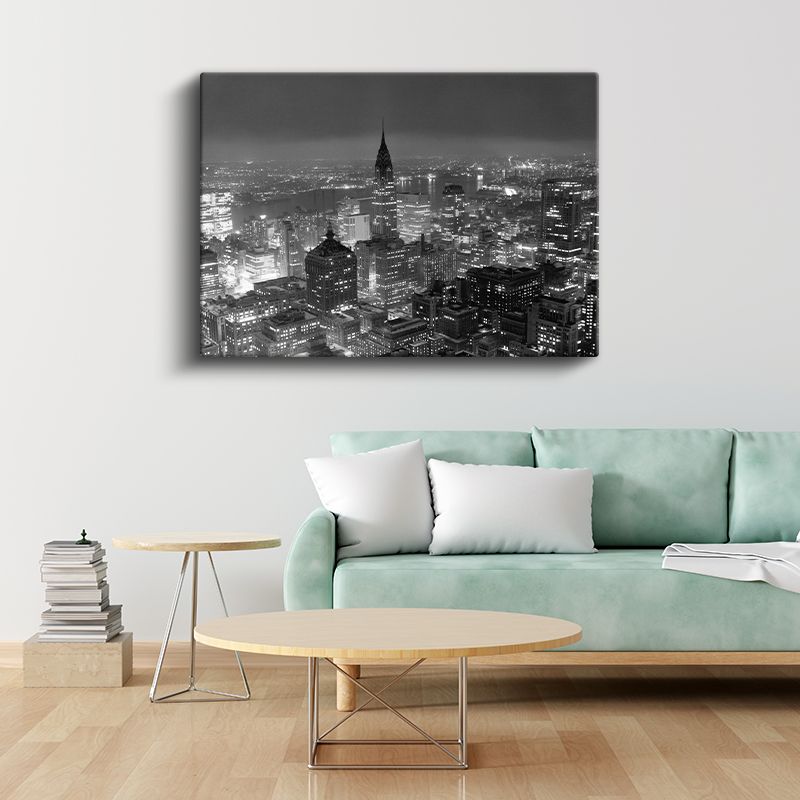 New York Gece Manzarası - Siyah Beyaz Şehir Silüeti Kanvas Tablo