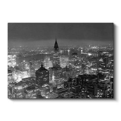 New York Gece Manzarası - Siyah Beyaz Şehir Silüeti Kanvas Tablo