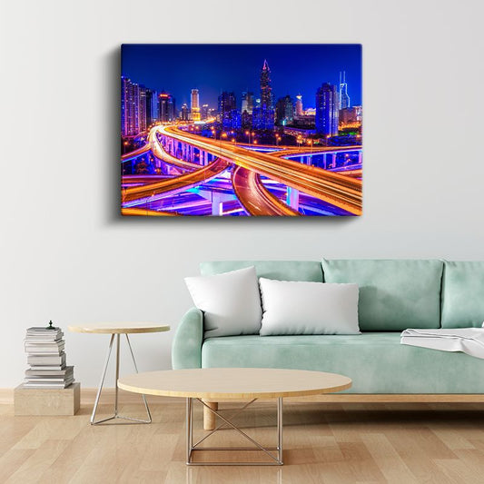Şehir Kavşakları - Neon Işıklar Altında Kanvas Tablo