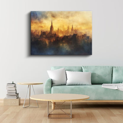 Tarihi Şehir Silüeti - Sanatsal Sulu Boya Kanvas Tablo