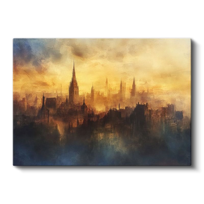 Tarihi Şehir Silüeti - Sanatsal Sulu Boya Kanvas Tablo