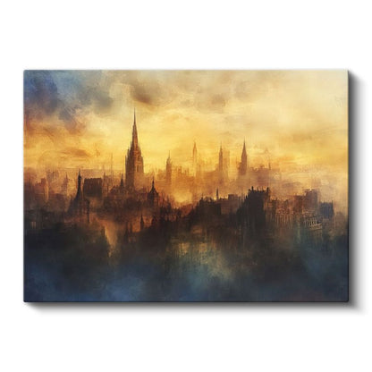 Tarihi Şehir Silüeti - Sanatsal Sulu Boya Kanvas Tablo
