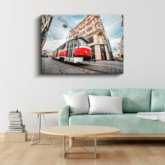 Prag Sokakları - Nostaljik Tramvay Kanvas Tablo