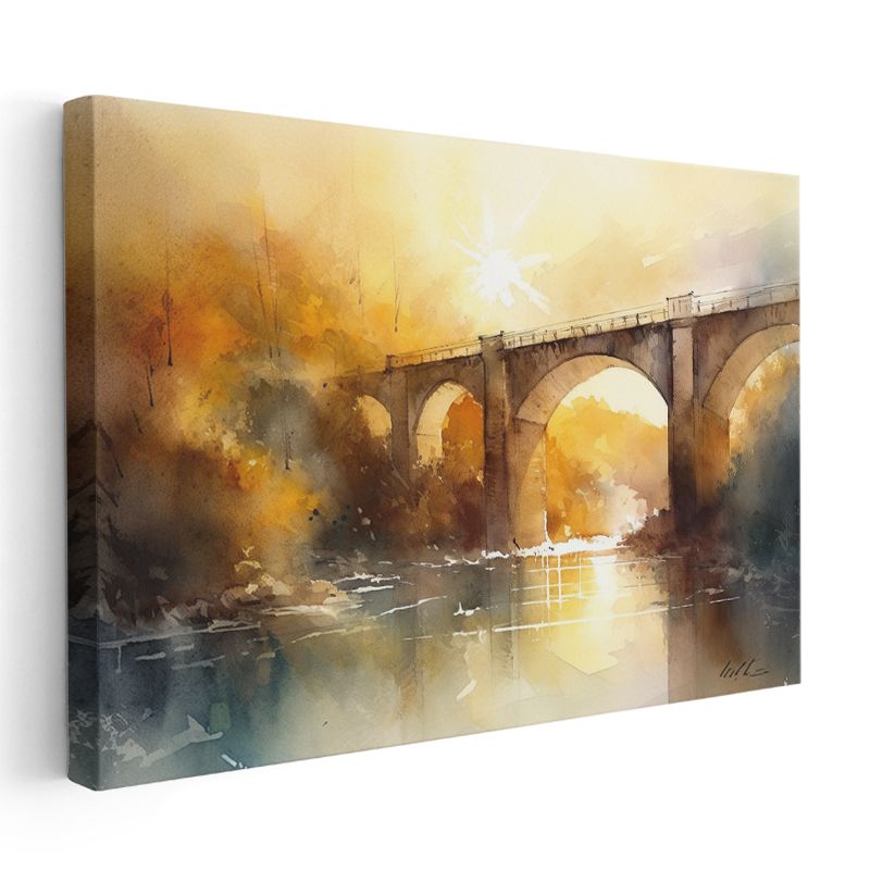 Taş Köprü - Sulu Boya Günbatımı Kanvas Tablo