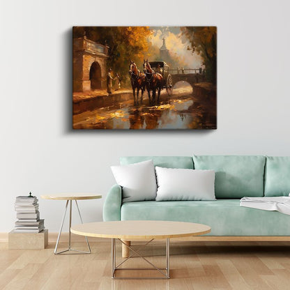 Sonbahar Manzarası - Atlı Araba Kanvas Tablo