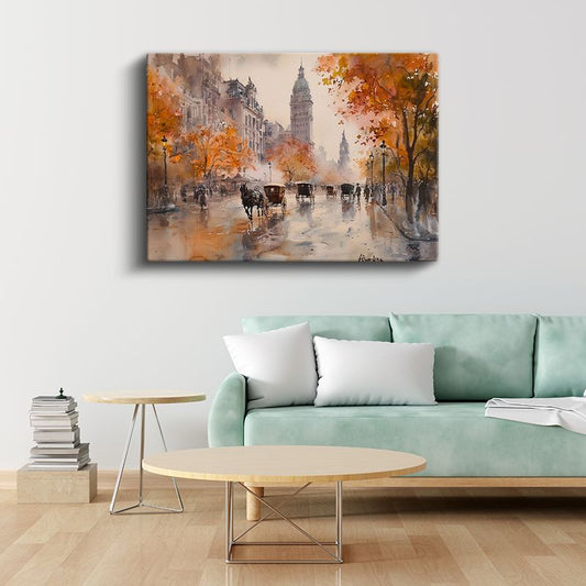 Sonbahar Bulvarı - Sulu Boya Şehir Manzarası Kanvas Tablo