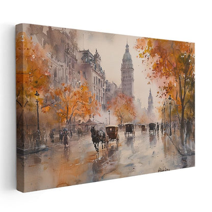 Sonbahar Bulvarı - Sulu Boya Şehir Manzarası Kanvas Tablo