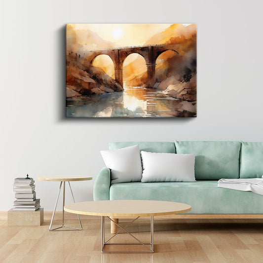 Taş Köprü - Altın Işıklı Sulu Boya Kanvas Tablo