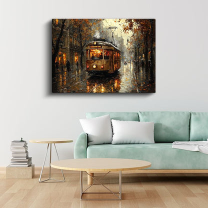Nostaljik Tramvay - Sonbahar Sokak Manzarası Kanvas Tablo