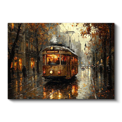 Nostaljik Tramvay - Sonbahar Sokak Manzarası Kanvas Tablo