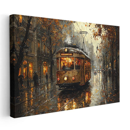 Nostaljik Tramvay - Sonbahar Sokak Manzarası Kanvas Tablo