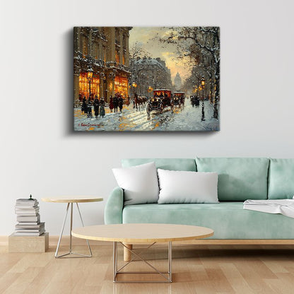 Nostaljik Kış Sokağı - Atlı Arabalar ve Işıklı Dükkanlar Kanvas Tablo