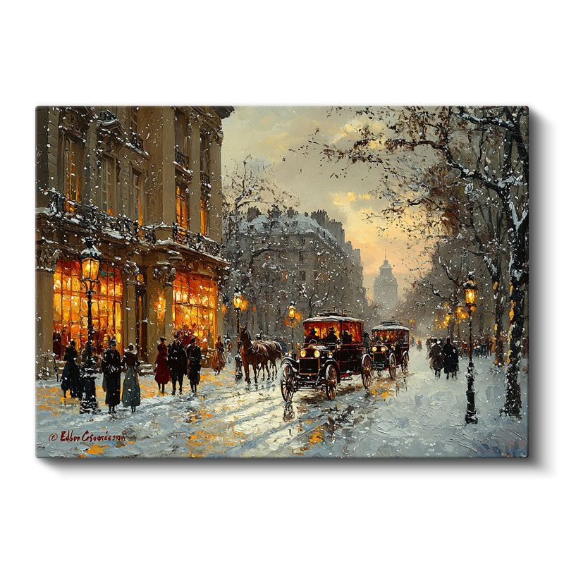 Nostaljik Kış Sokağı - Atlı Arabalar ve Işıklı Dükkanlar Kanvas Tablo