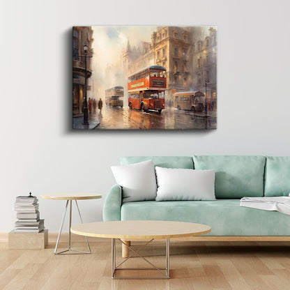 Londra Otobüsleri - Sisli Şehir Sokağında Klasik Ulaşım Kanvas Tablo