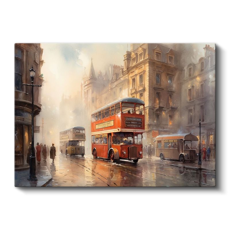 Londra Otobüsleri - Sisli Şehir Sokağında Klasik Ulaşım Kanvas Tablo