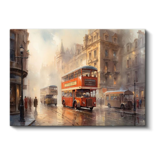 Londra Otobüsleri - Sisli Şehir Sokağında Klasik Ulaşım Kanvas Tablo