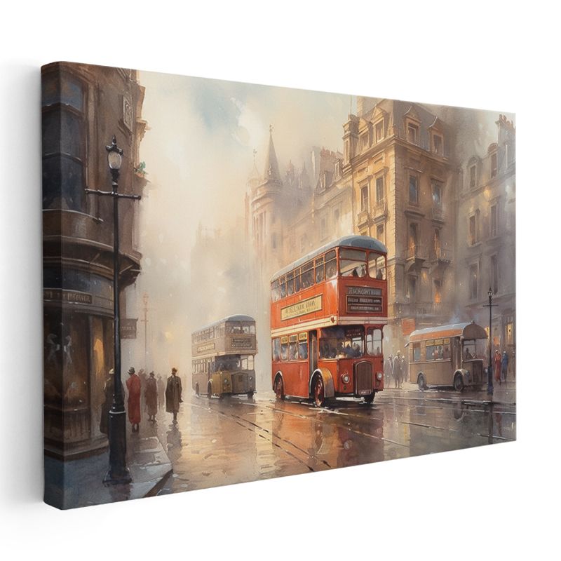 Londra Otobüsleri - Sisli Şehir Sokağında Klasik Ulaşım Kanvas Tablo