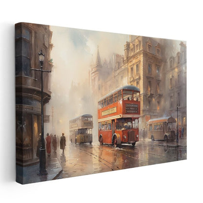 Londra Otobüsleri - Sisli Şehir Sokağında Klasik Ulaşım Kanvas Tablo