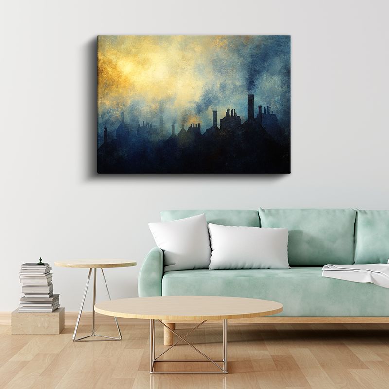 Endüstriyel Şehir Silueti - Sisli Gökyüzü Altında Çatılar Kanvas Tablo