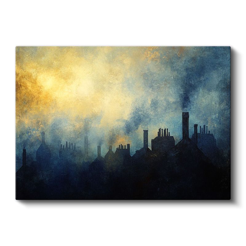 Endüstriyel Şehir Silueti - Sisli Gökyüzü Altında Çatılar Kanvas Tablo