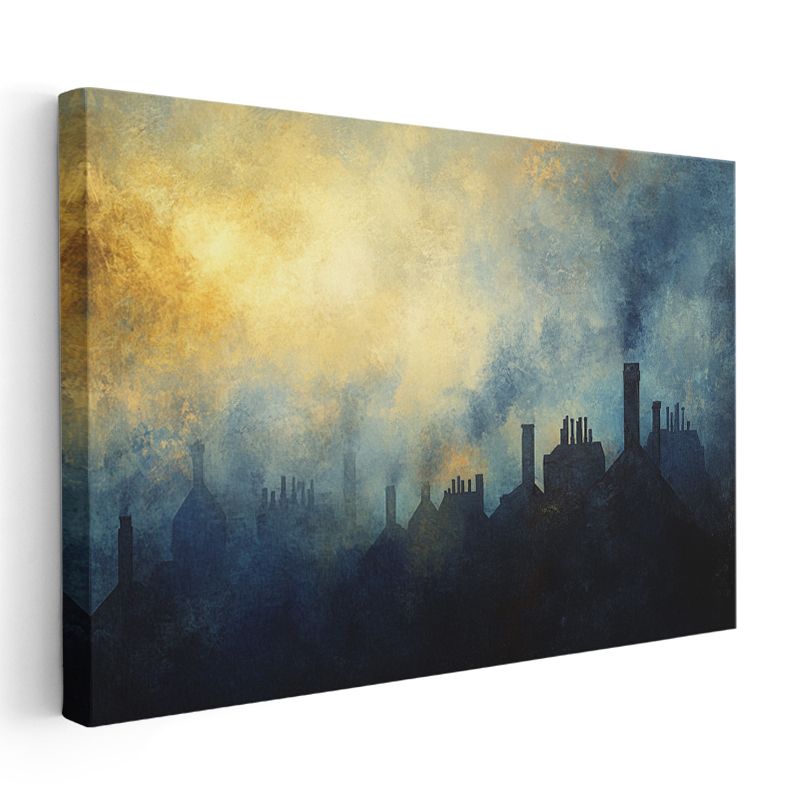 Endüstriyel Şehir Silueti - Sisli Gökyüzü Altında Çatılar Kanvas Tablo