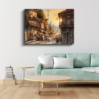 Osmanlı Sokağı - Cami Manzaralı Ahşap Evler Kanvas Tablo