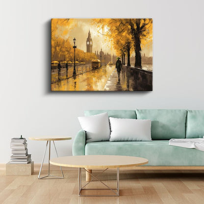 Londra Sonbaharı - Big Ben ve Yağmurlu Sokaklar Kanvas Tablo