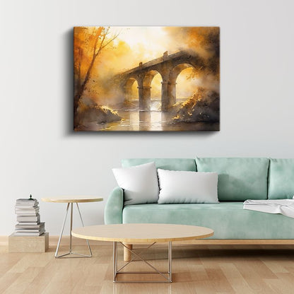 Taş Köprü - Altın Sarısı Işıkta Nehir Manzarası Kanvas Tablo