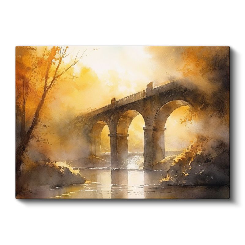 Taş Köprü - Altın Sarısı Işıkta Nehir Manzarası Kanvas Tablo