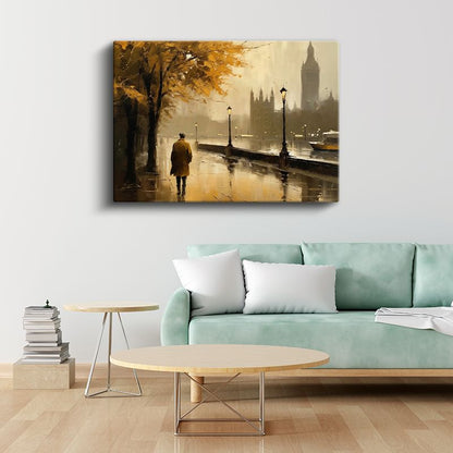 Westminster Silueti - Nehir Kenarında Sonbahar Yürüyüşü Kanvas Tablo