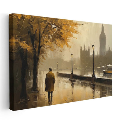 Westminster Silueti - Nehir Kenarında Sonbahar Yürüyüşü Kanvas Tablo