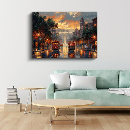 San Francisco Tramvayları - Işıklı Cadde Manzarası Kanvas Tablo
