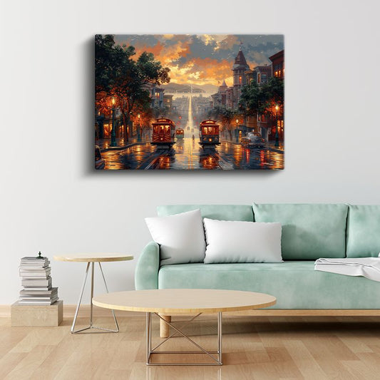 San Francisco Tramvayları - Işıklı Cadde Manzarası Kanvas Tablo