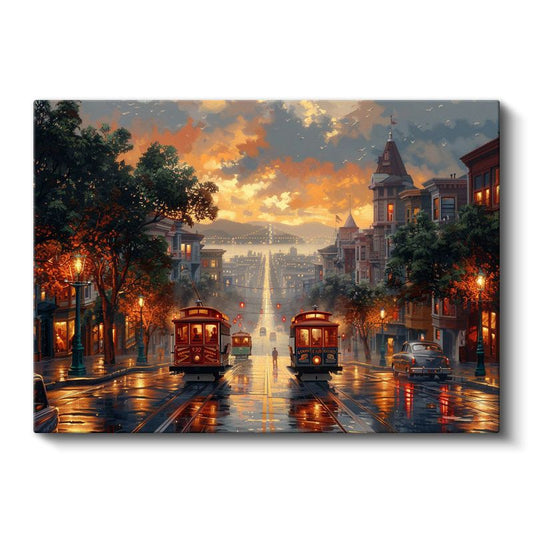 San Francisco Tramvayları - Işıklı Cadde Manzarası Kanvas Tablo