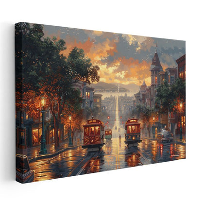 San Francisco Tramvayları - Işıklı Cadde Manzarası Kanvas Tablo