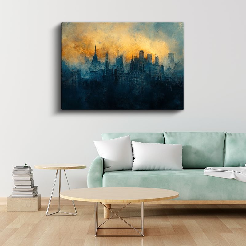 Modern Şehir Silueti - Altın Gökyüzü Altında Gökdelenler Kanvas Tablo