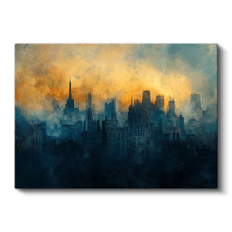 Modern Şehir Silueti - Altın Gökyüzü Altında Gökdelenler Kanvas Tablo