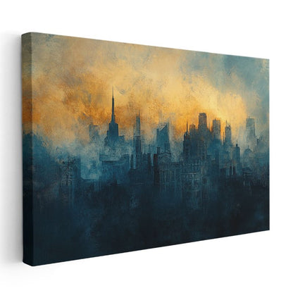 Modern Şehir Silueti - Altın Gökyüzü Altında Gökdelenler Kanvas Tablo