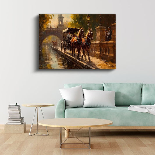 Atlı Araba - Tarihi Kanal Kenarında Nostaljik Yolculuk Kanvas Tablo