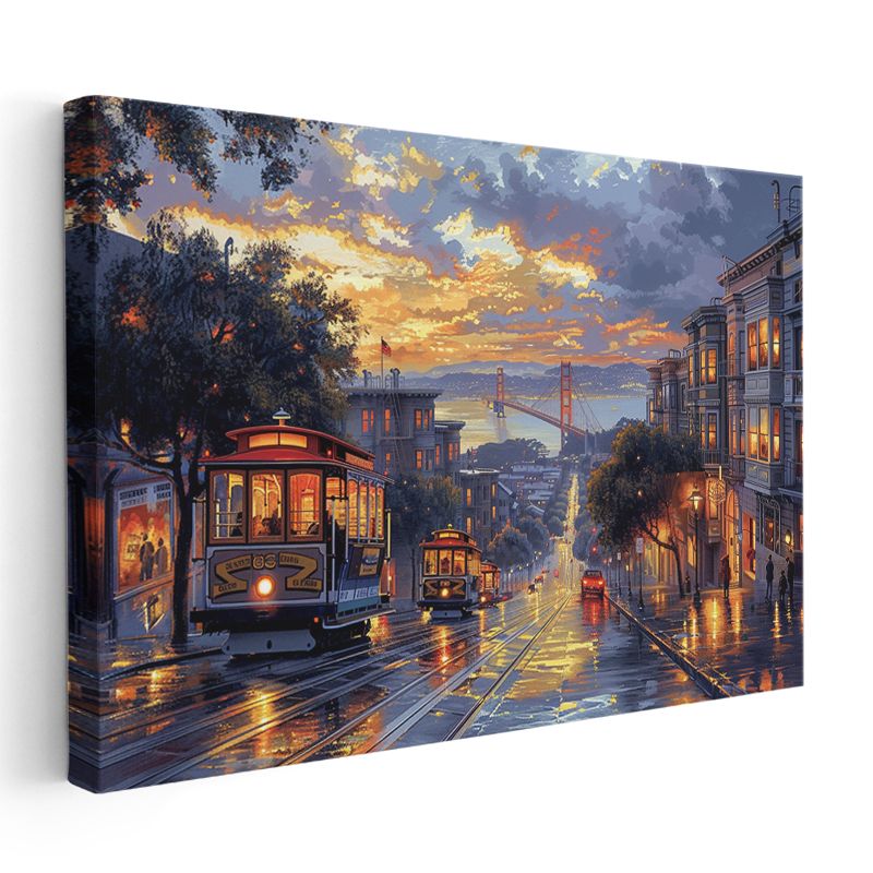 San Francisco Tramvayları - Golden Gate Manzaralı Cadde Kanvas Tablo