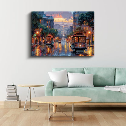 Yağmurlu Cadde - Işıklı Tramvay Hattı Kanvas Tablo