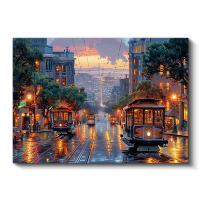 Yağmurlu Cadde - Işıklı Tramvay Hattı Kanvas Tablo