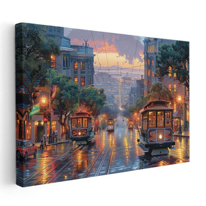 Yağmurlu Cadde - Işıklı Tramvay Hattı Kanvas Tablo