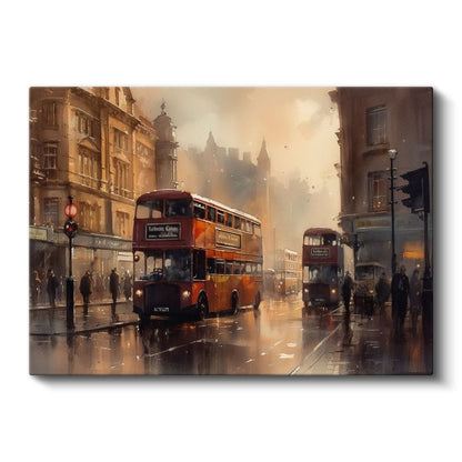 Londra Otobüsleri - Sisli Şehir Sokakları Kanvas Tablo