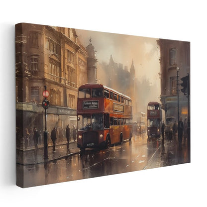Londra Otobüsleri - Sisli Şehir Sokakları Kanvas Tablo