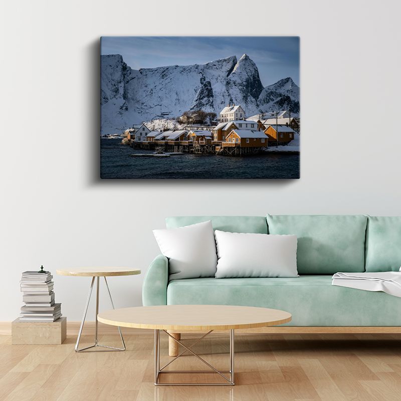 Norveç Evleri - Karlı Dağlar Eteklerinde Balıkçı Köyü Kanvas Tablo