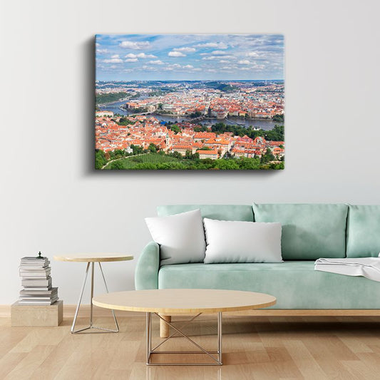 Prag Panoraması - Kırmızı Çatılı Şehir Manzarası Kanvas Tablo