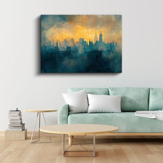 Şehir Silueti - Mavi Sarı Tonlarda Sanatsal Mimari Kanvas Tablo