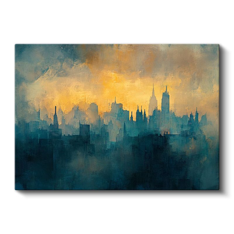Şehir Silueti - Mavi Sarı Tonlarda Sanatsal Mimari Kanvas Tablo