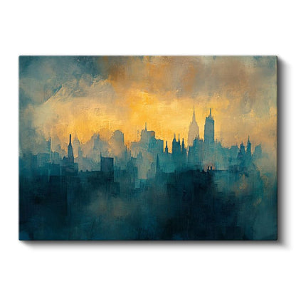 Şehir Silueti - Mavi Sarı Tonlarda Sanatsal Mimari Kanvas Tablo